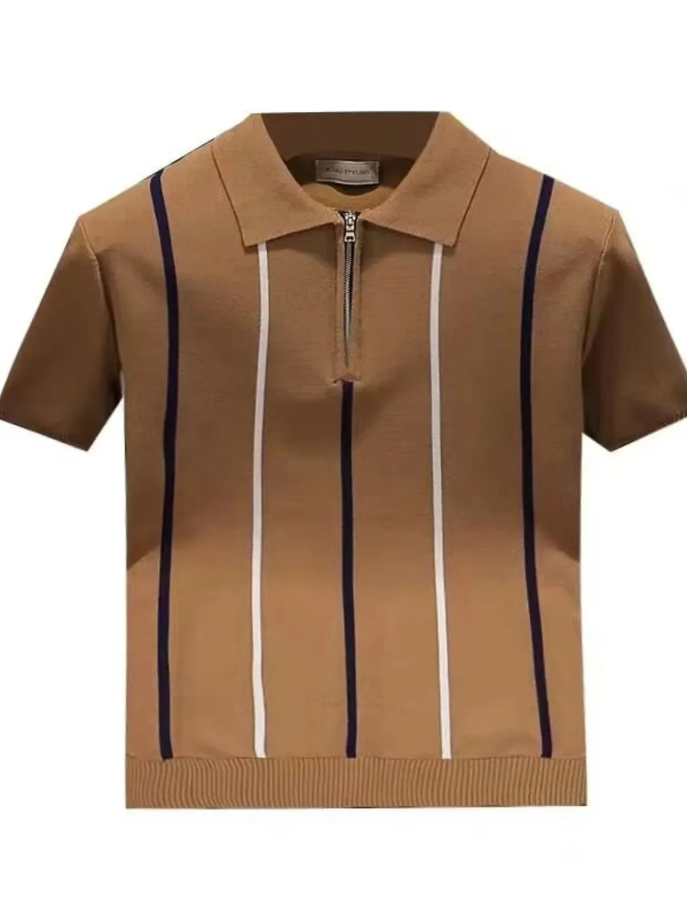Men's Full Size Striped Zip Collar Short Sleeve Knit Polo Shirt Plus Size sold by Gigi Laurent product image thumbnail 3