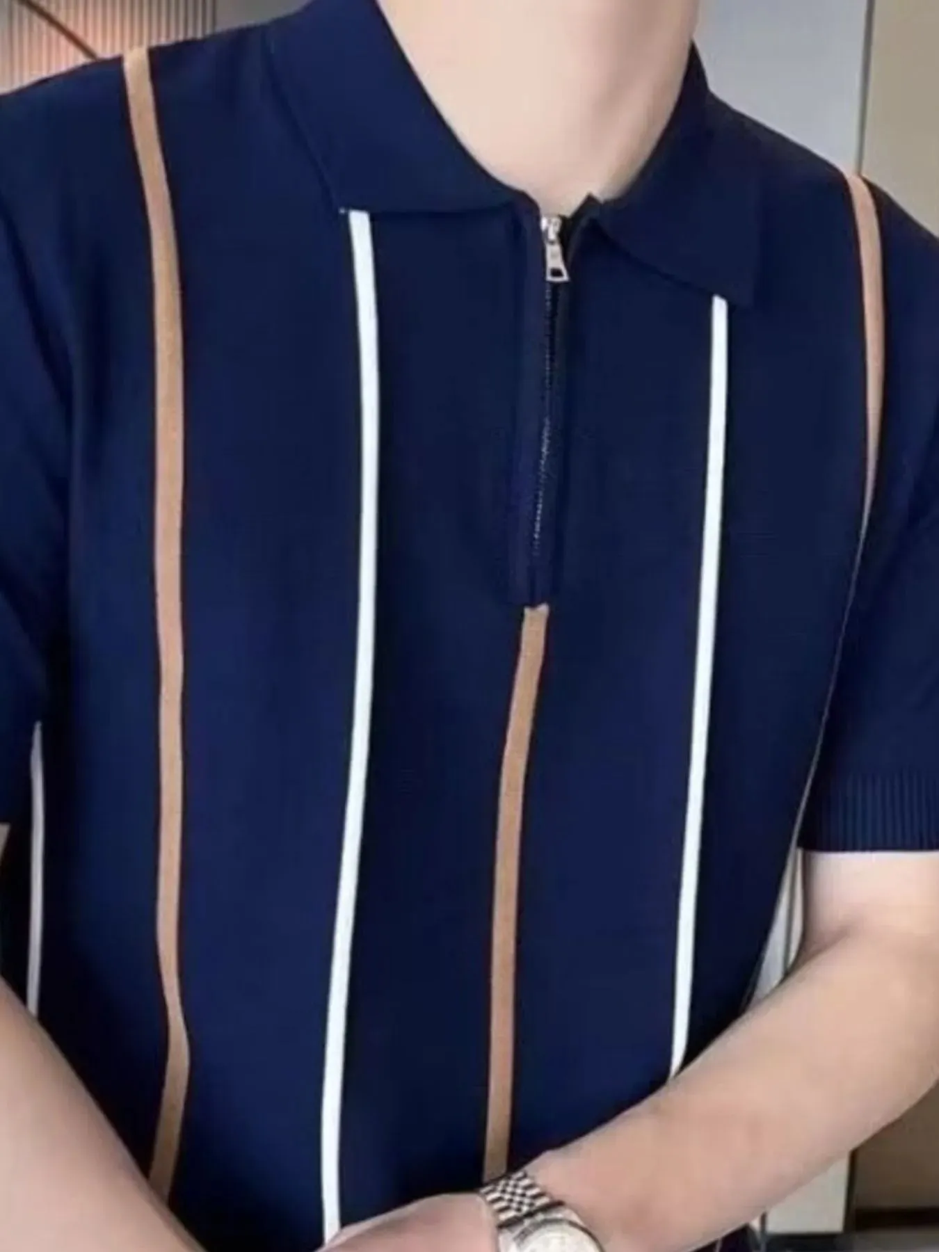 Men's Full Size Striped Zip Collar Short Sleeve Knit Polo Shirt Plus Size sold by Gigi Laurent product image thumbnail 2