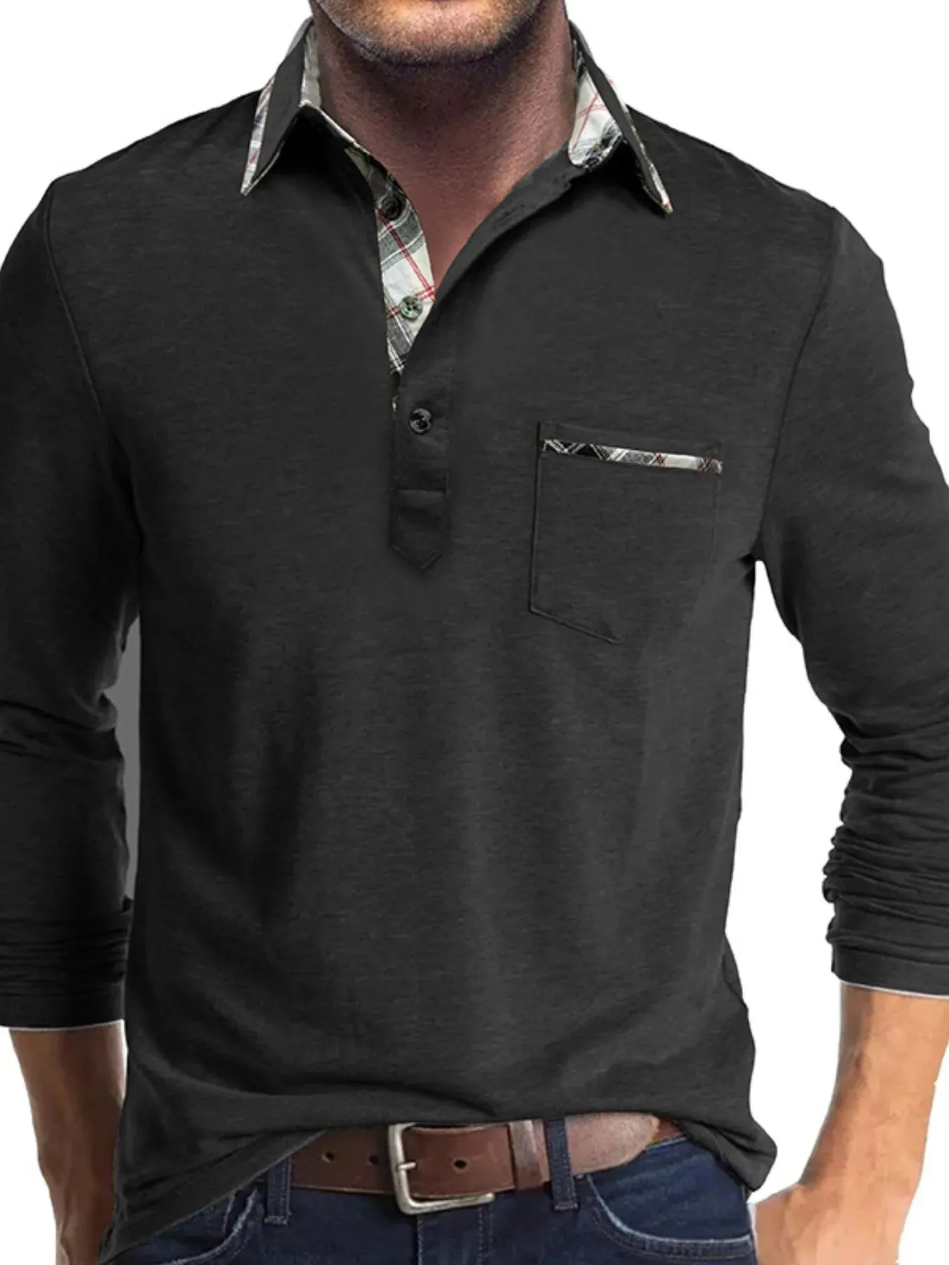 Men's Full Size Plaid Collar Neck Long Sleeve Polo Shirt Plus Size sold by Gigi Laurent product image thumbnail 5