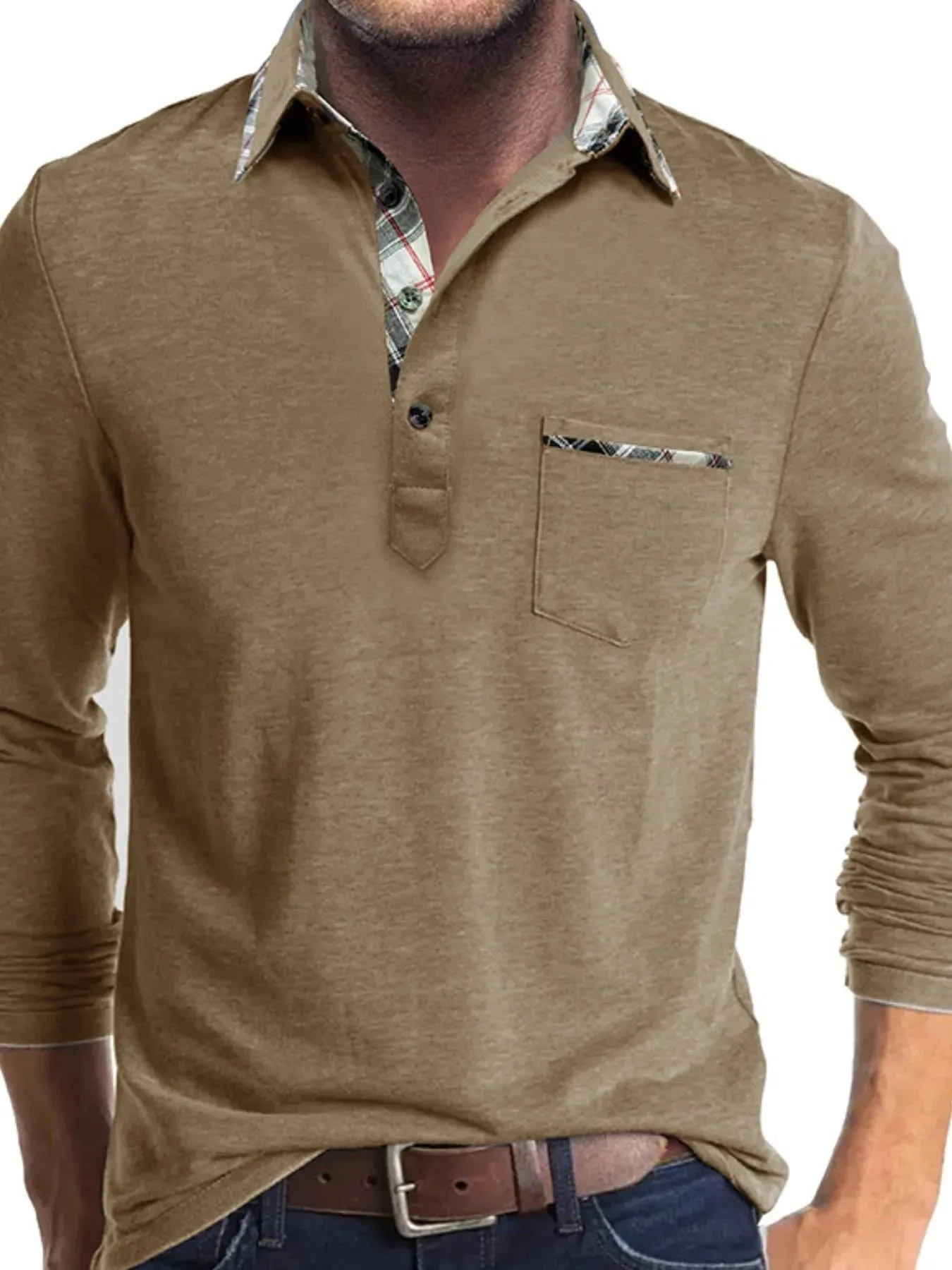 Men's Full Size Plaid Collar Neck Long Sleeve Polo Shirt Plus Size sold by Gigi Laurent