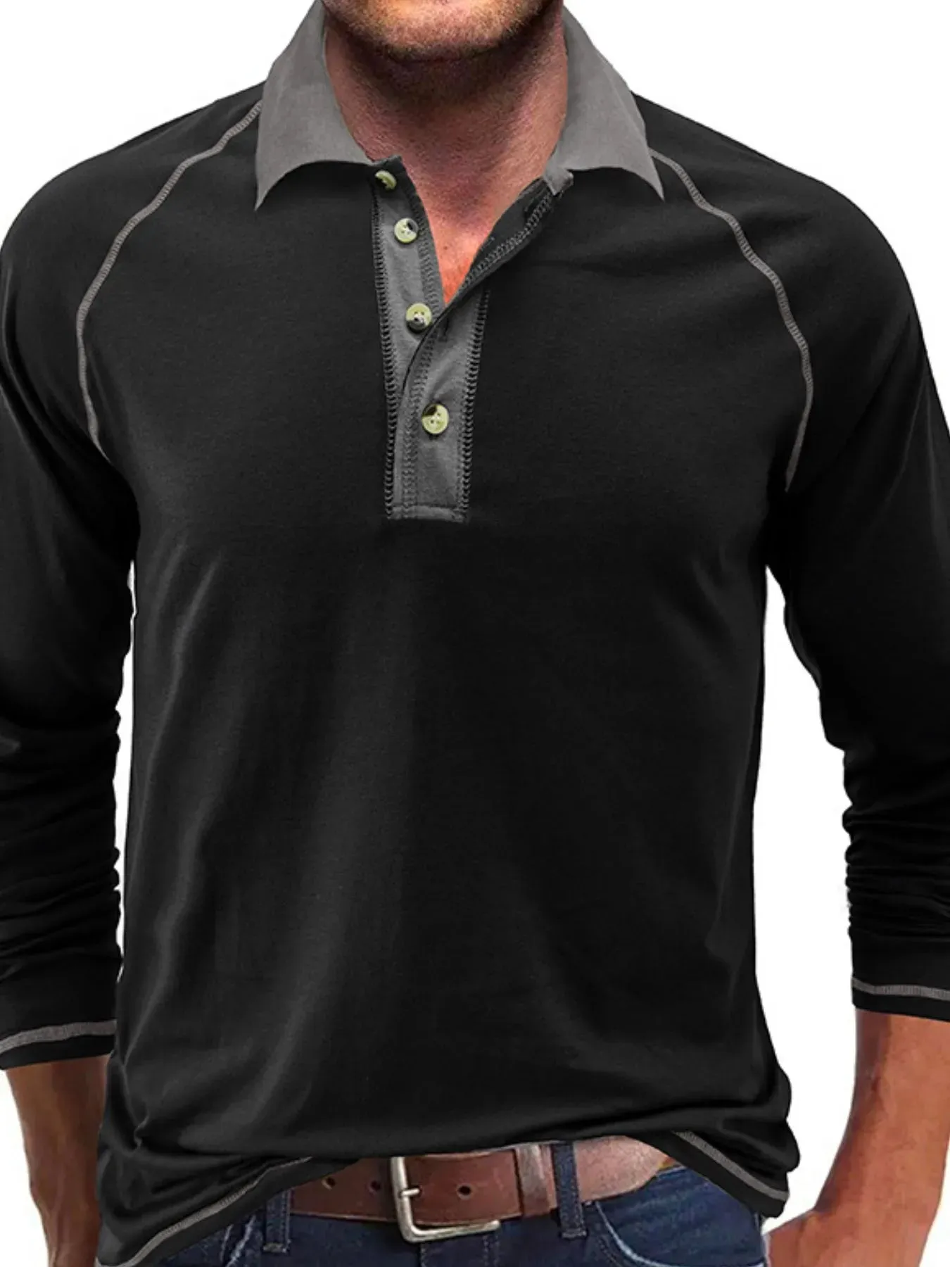Men's Contrast Collar Long Sleeve Polo Shirt sold by Gigi Laurent