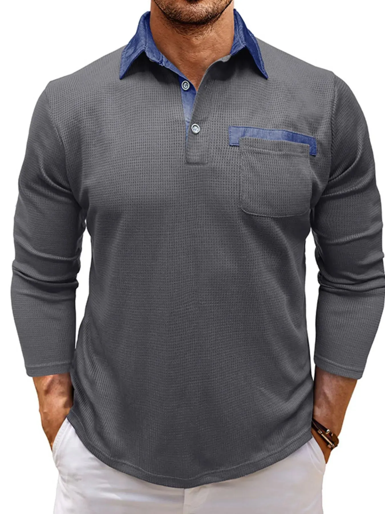 Men's Contrast Collar Long Sleeve Casual Polo Shirt sold by Gigi Laurent product image thumbnail 5