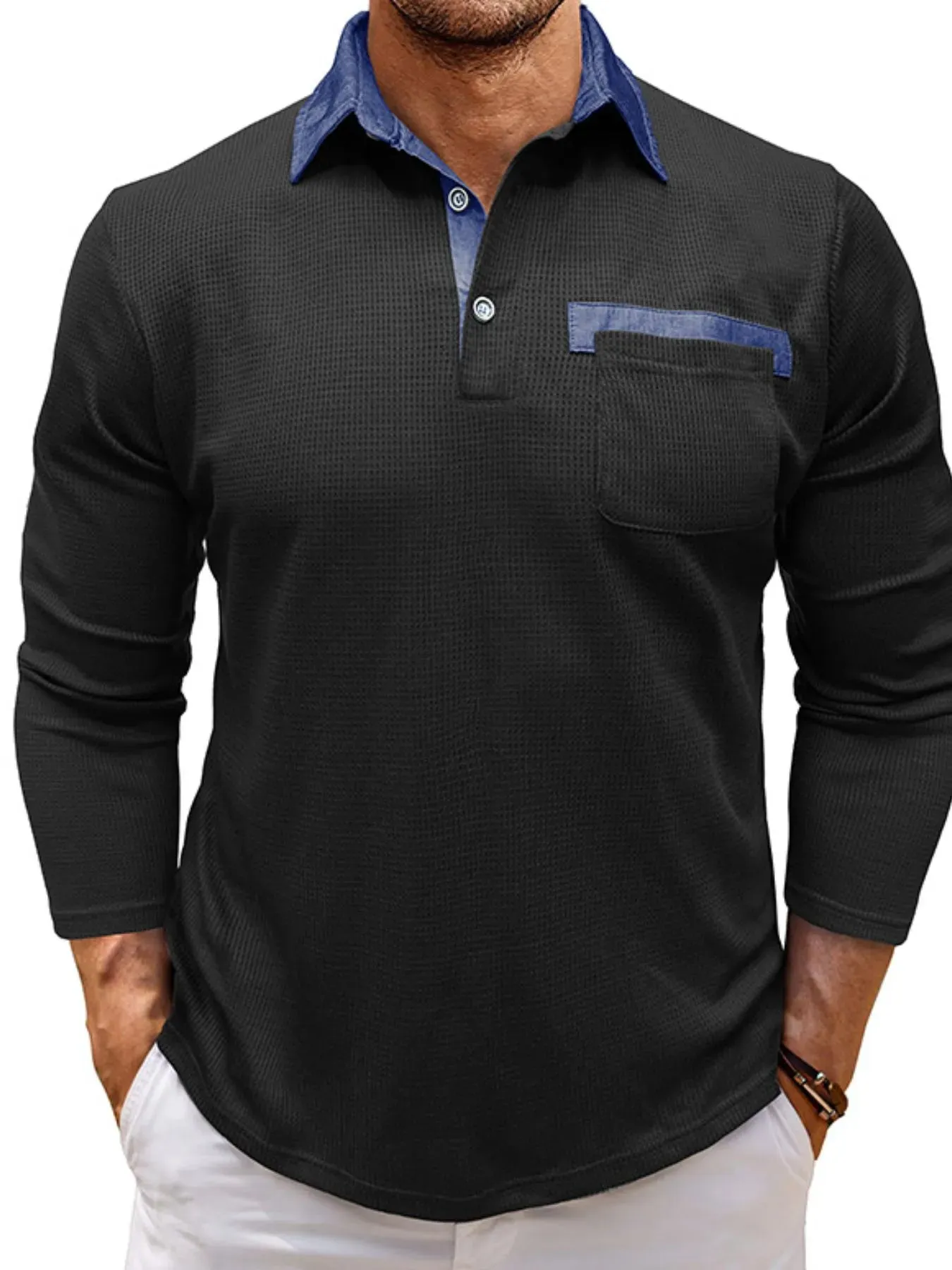 Men's Contrast Collar Long Sleeve Casual Polo Shirt sold by Gigi Laurent