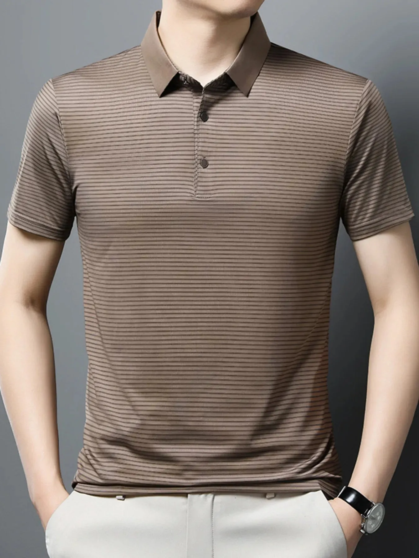 Men's Plus Size Classic Striped Business Casual Polo Shirt sold by Gigi Laurent product image thumbnail 4