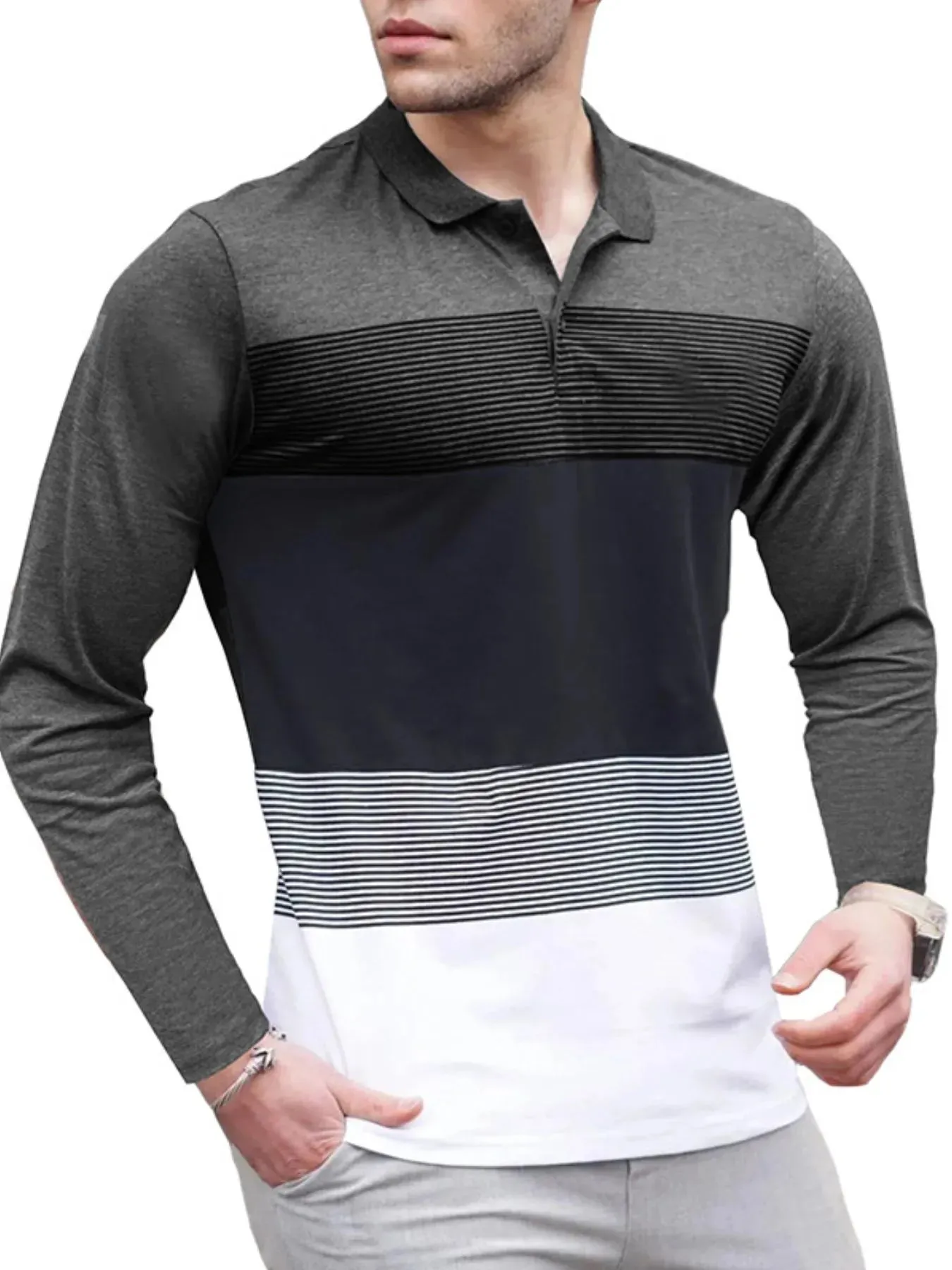 Men's Color Block Striped Long Sleeve Polo Shirt sold by Gigi Laurent product image thumbnail 4