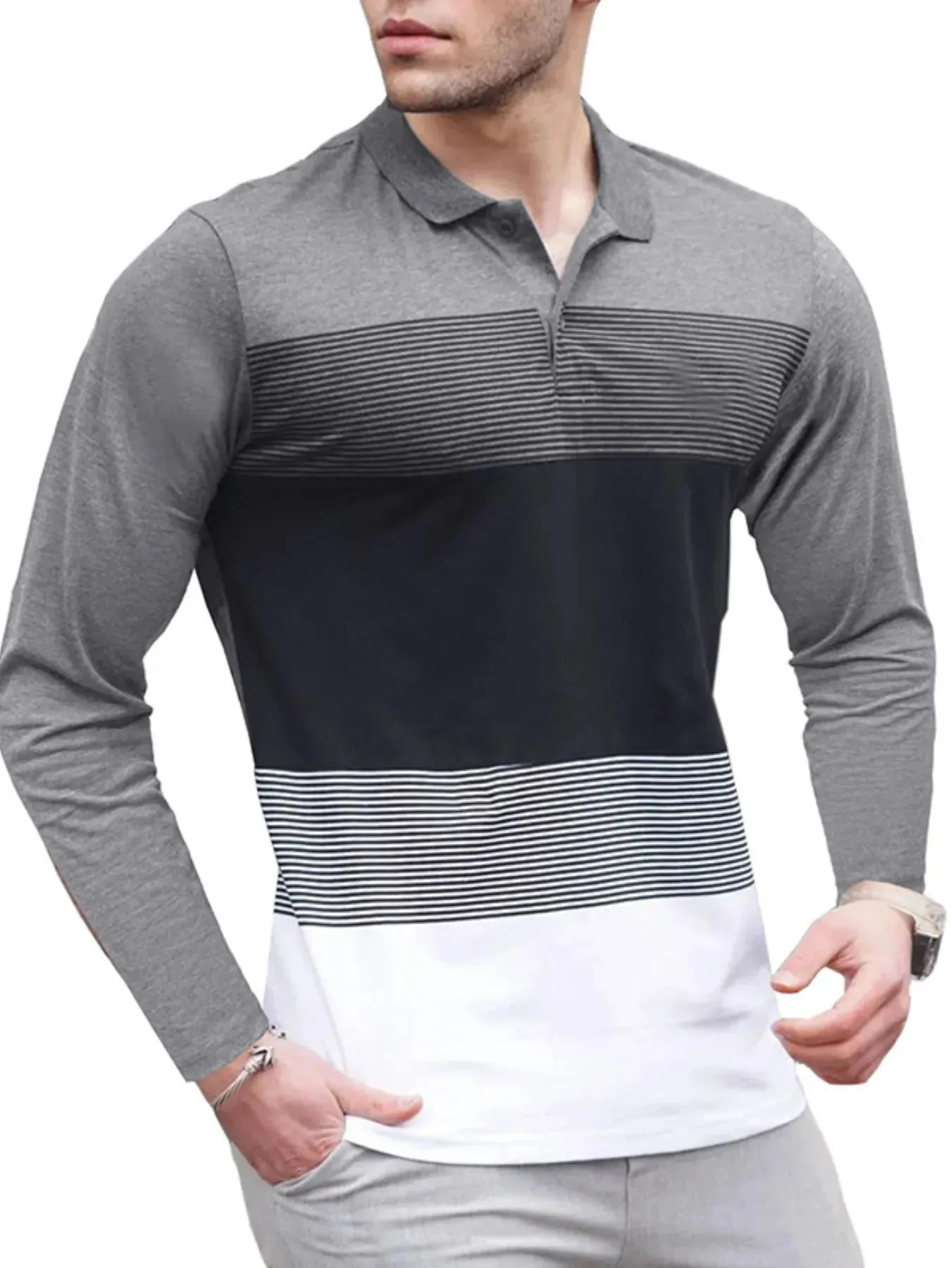 Men's Color Block Striped Long Sleeve Polo Shirt sold by Gigi Laurent product image thumbnail 5