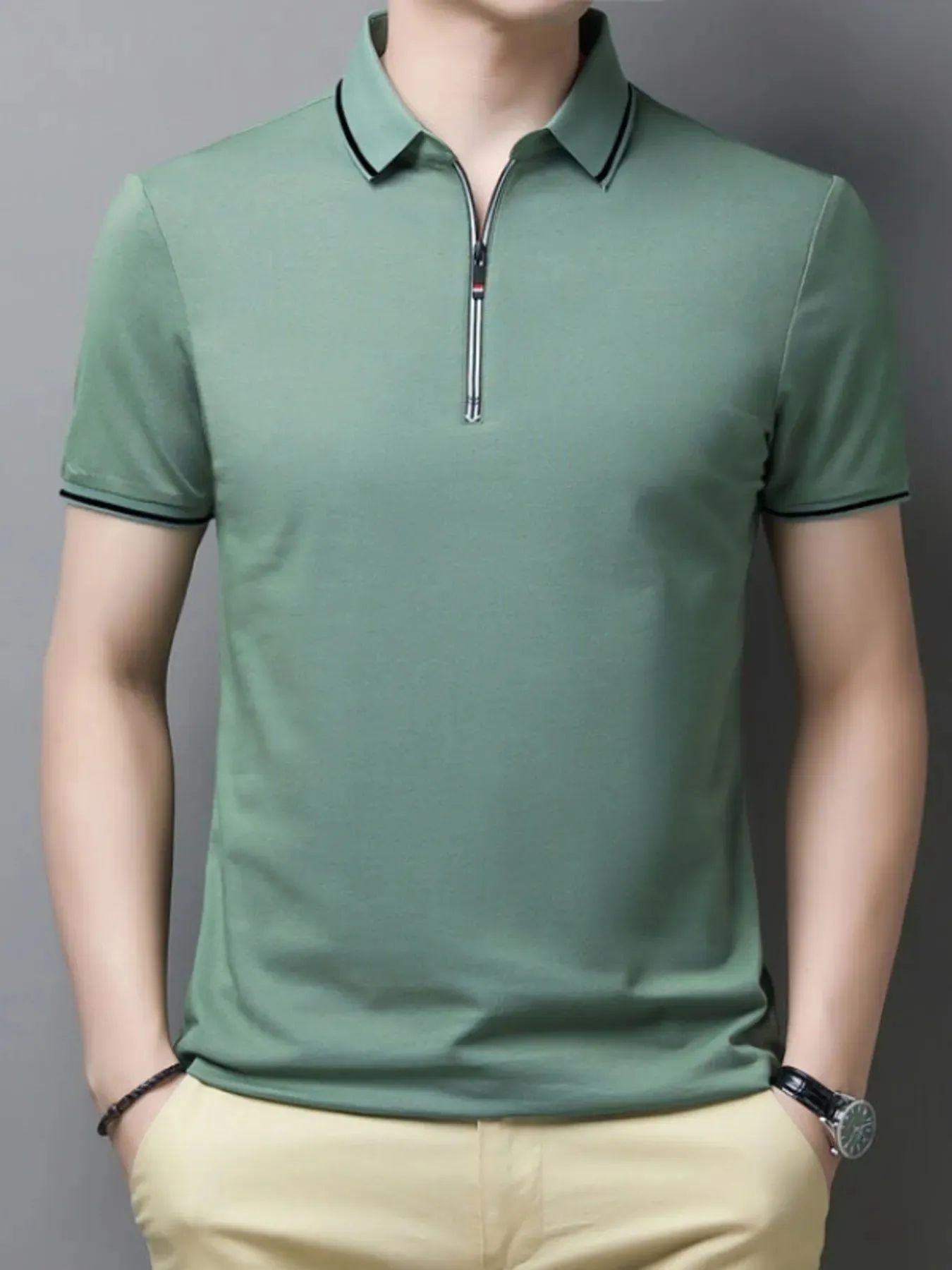 Men's Plus Size Half-Zip Contrast Trim Polo Shirt sold by Gigi Laurent