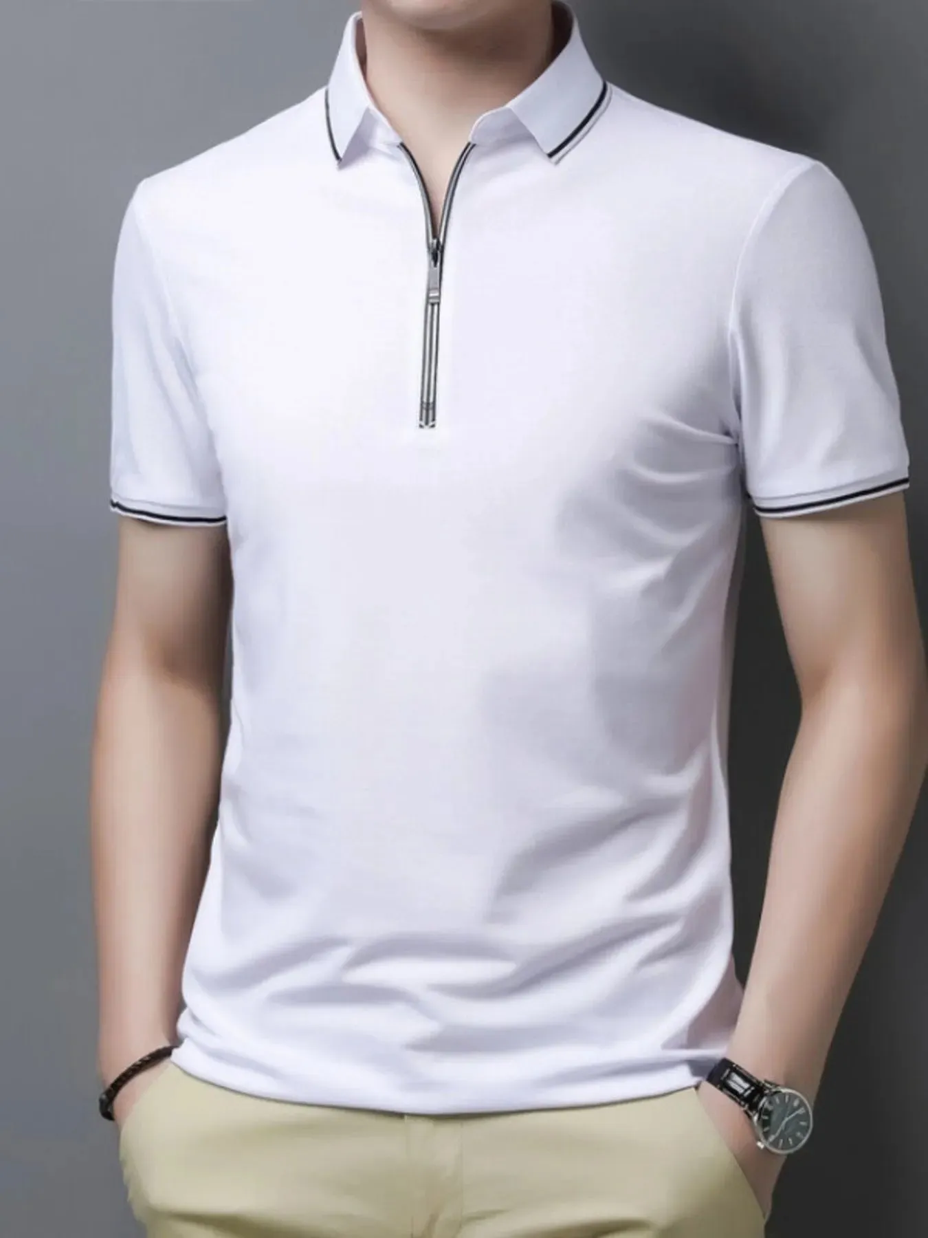 Men's Plus Size Half-Zip Contrast Trim Polo Shirt sold by Gigi Laurent product image thumbnail 3