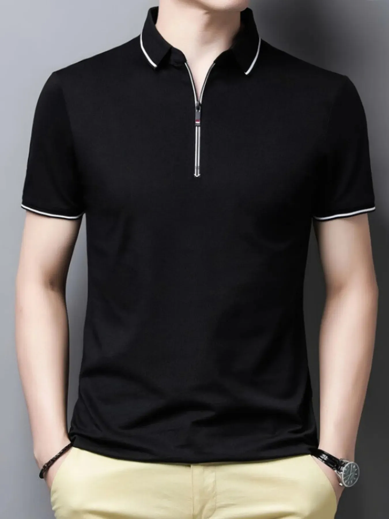 Men's Plus Size Half-Zip Contrast Trim Polo Shirt sold by Gigi Laurent product image thumbnail 4