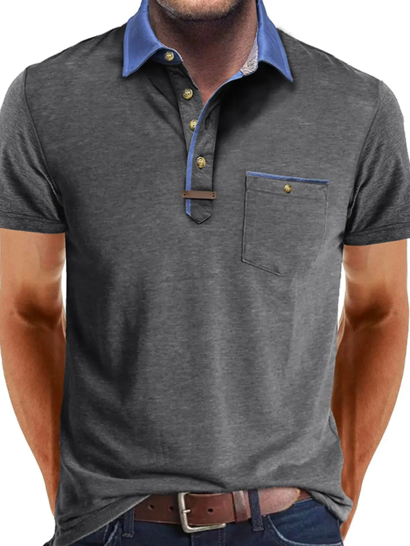 Men's Full Size Contrast Collar Pocket Polo Shirt Plus Size sold by Gigi Laurent product image thumbnail 4