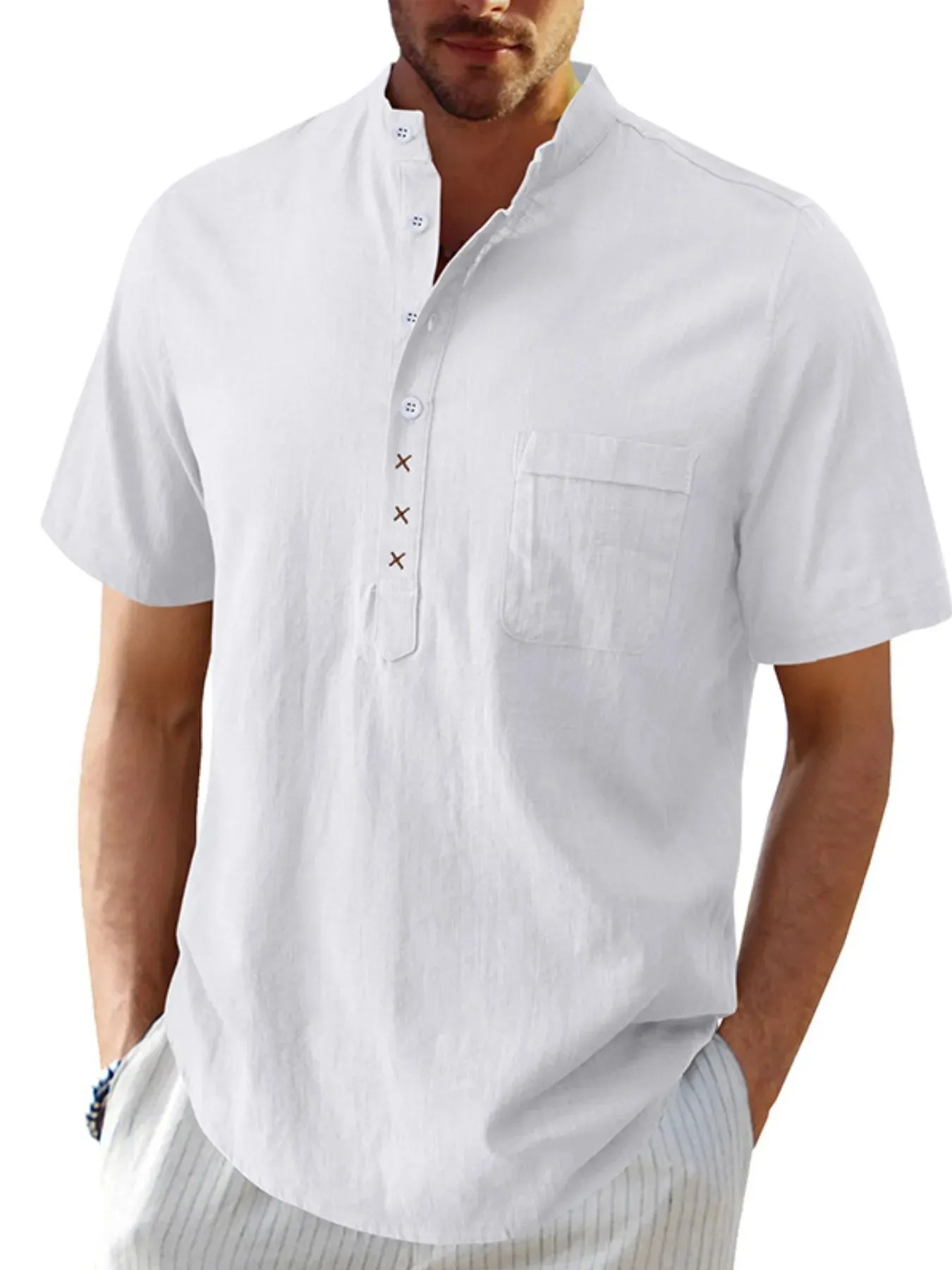 Men's Casual Collar Short Sleeve Linen Polo Shirt sold by Gigi Laurent