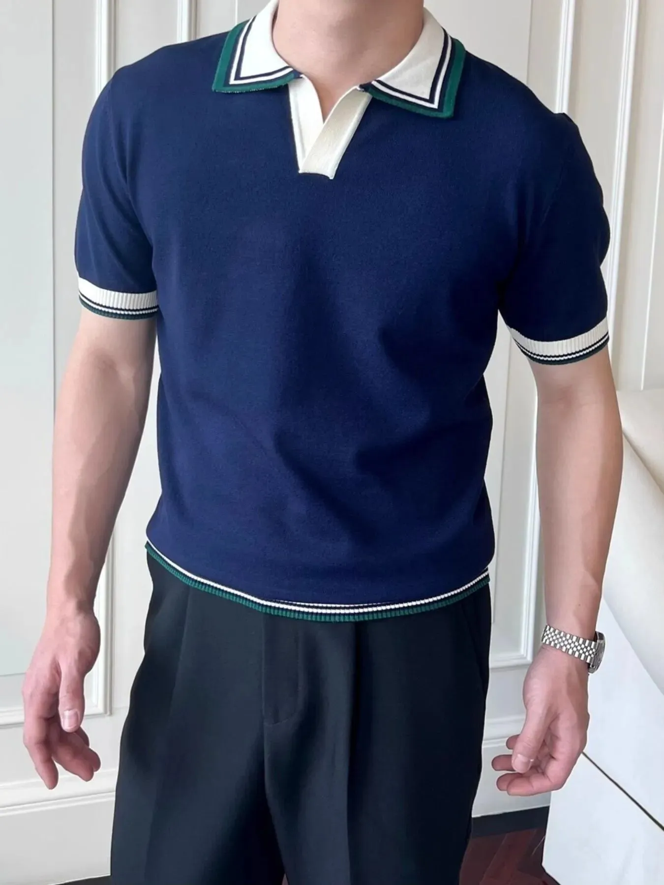 Men's Plus Size Classic Striped Collar Knit Polo Shirt sold by Gigi Laurent