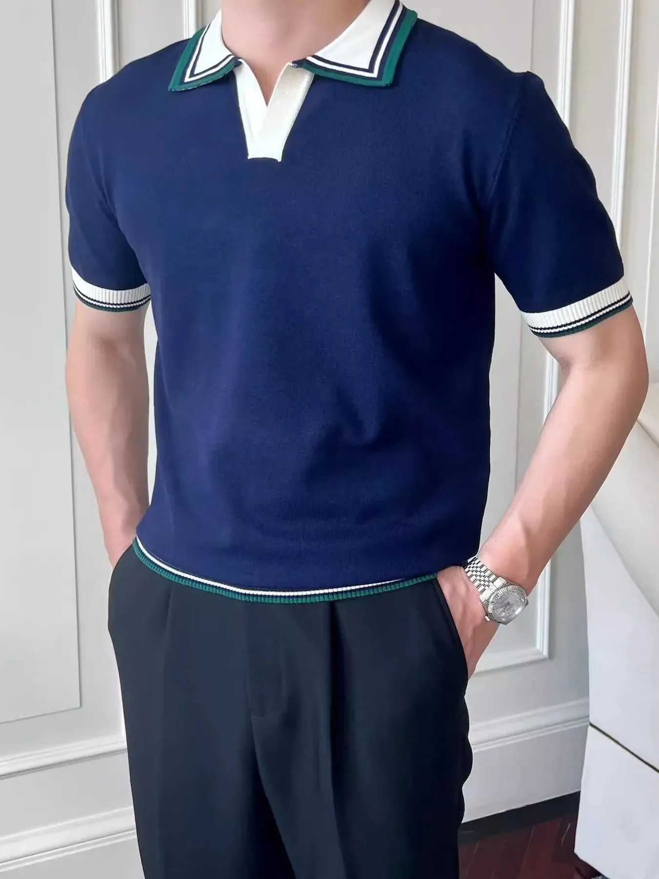 Men's Plus Size Classic Striped Collar Knit Polo Shirt sold by Gigi Laurent product image thumbnail 2