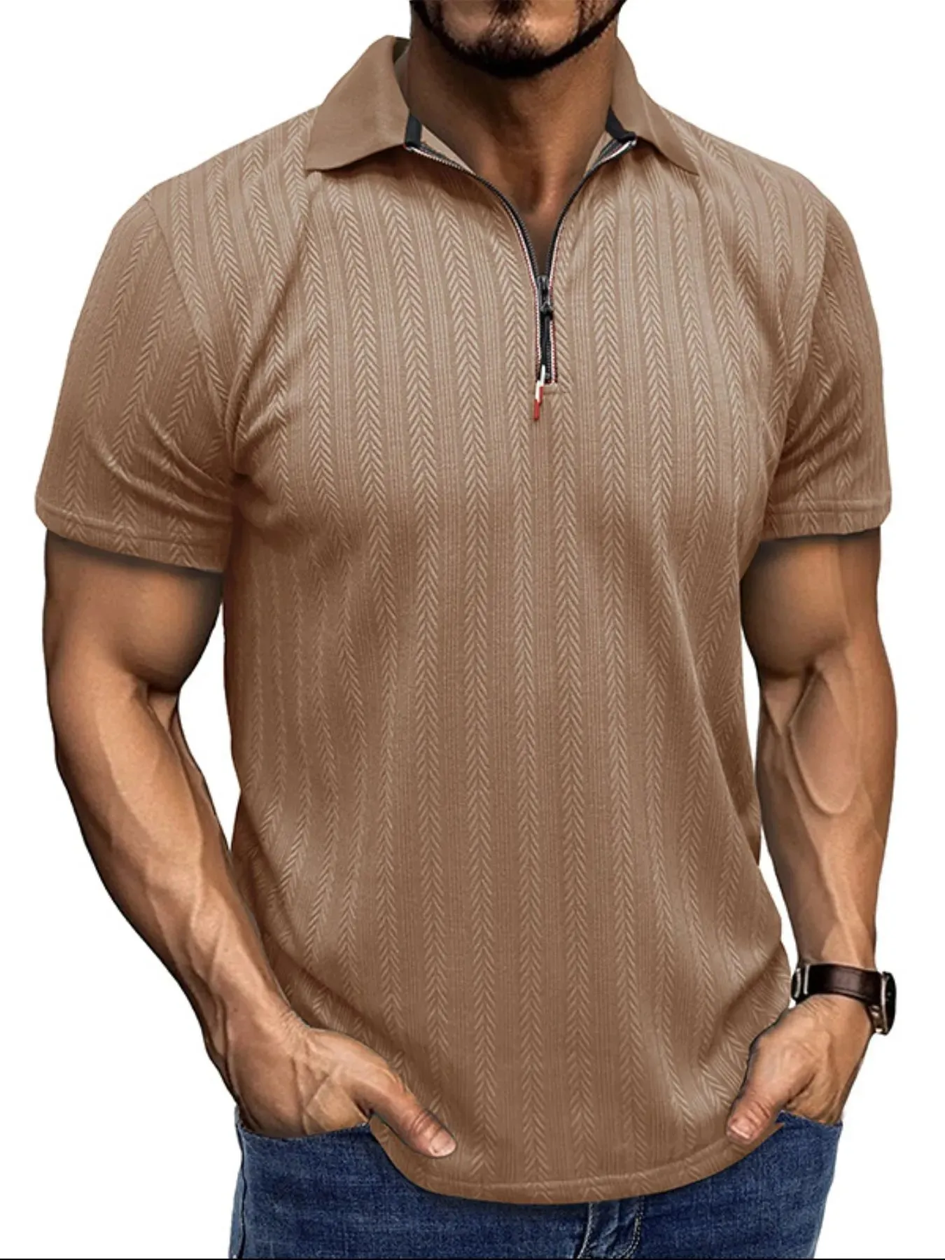 Men's Textured Quarter-Zip Polo Shirt sold by Gigi Laurent