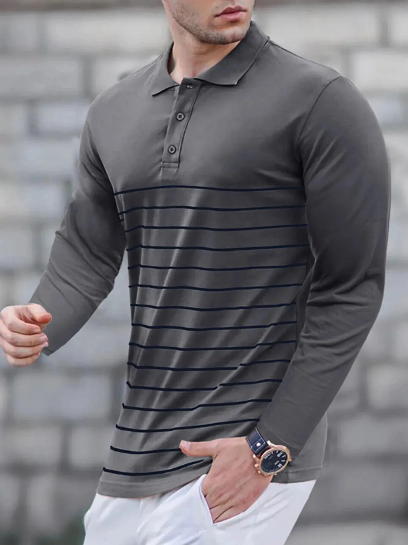 Men's Striped Long Sleeve Polo Shirt sold by Gigi Laurent product image thumbnail 5