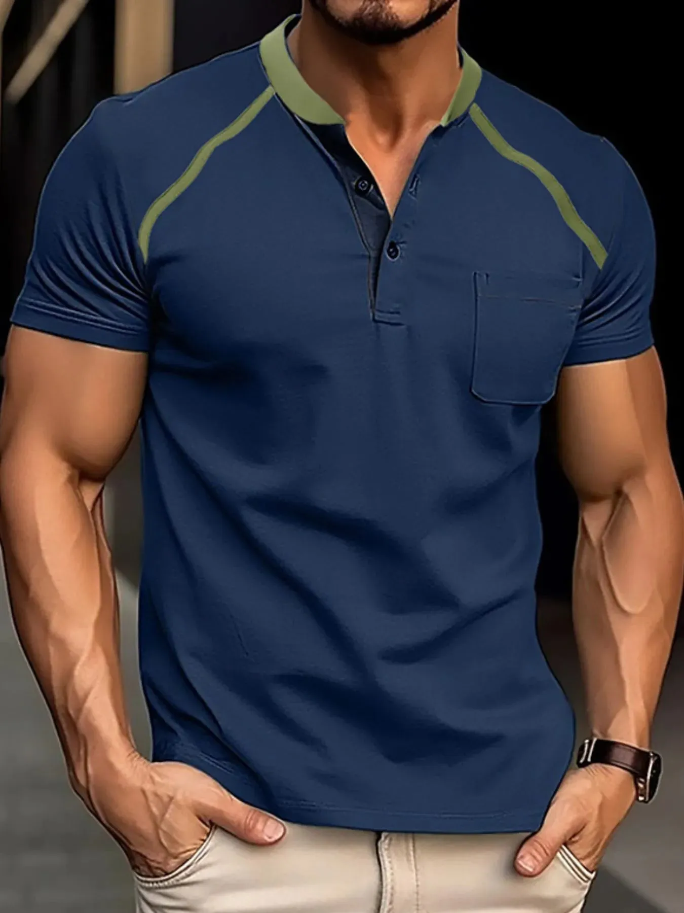 Men's Contrast Stitch Polo Shirt with Chest Pocket sold by Gigi Laurent