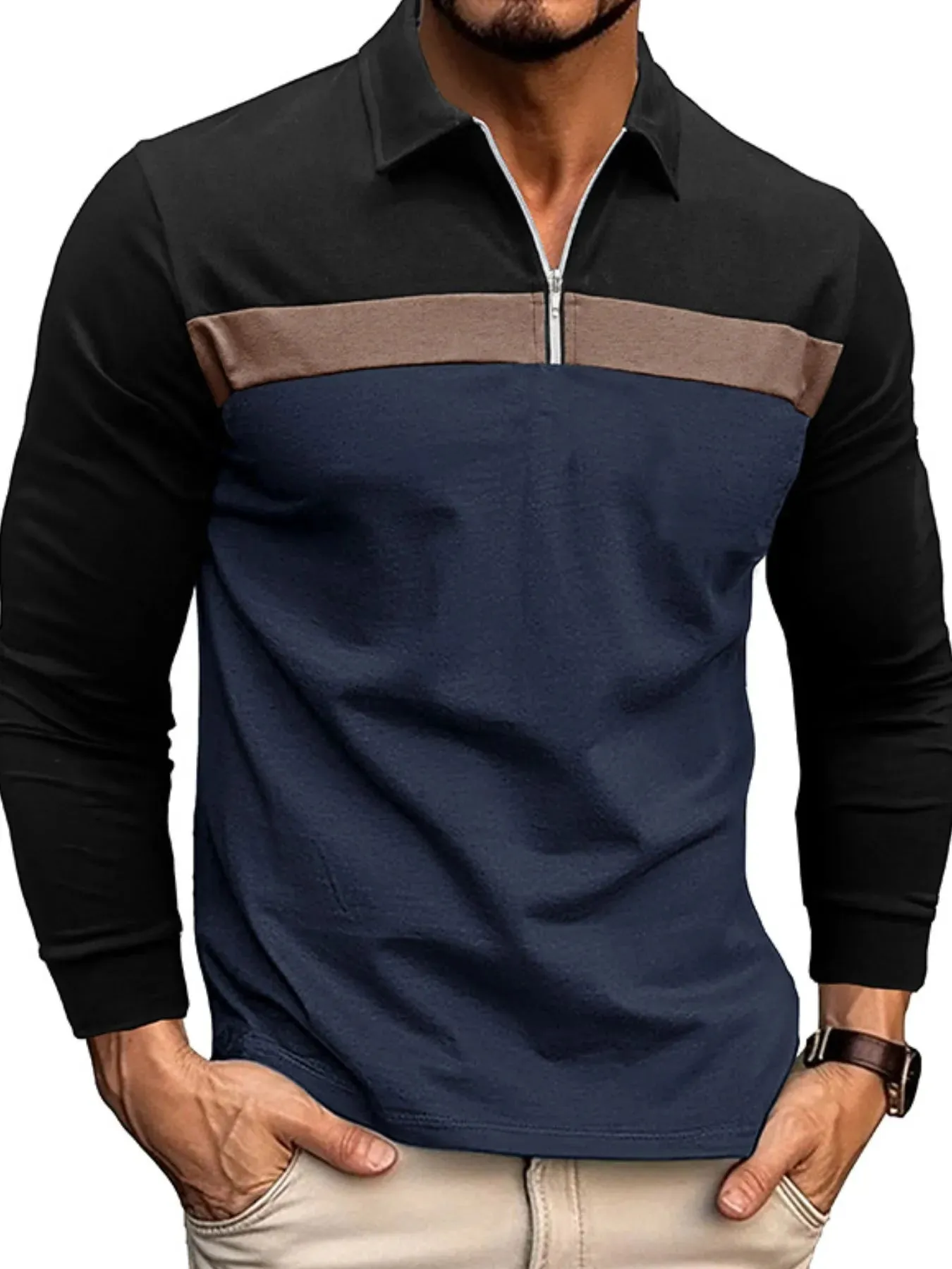 Men's Color Block Long Sleeve Polo Shirt sold by Gigi Laurent