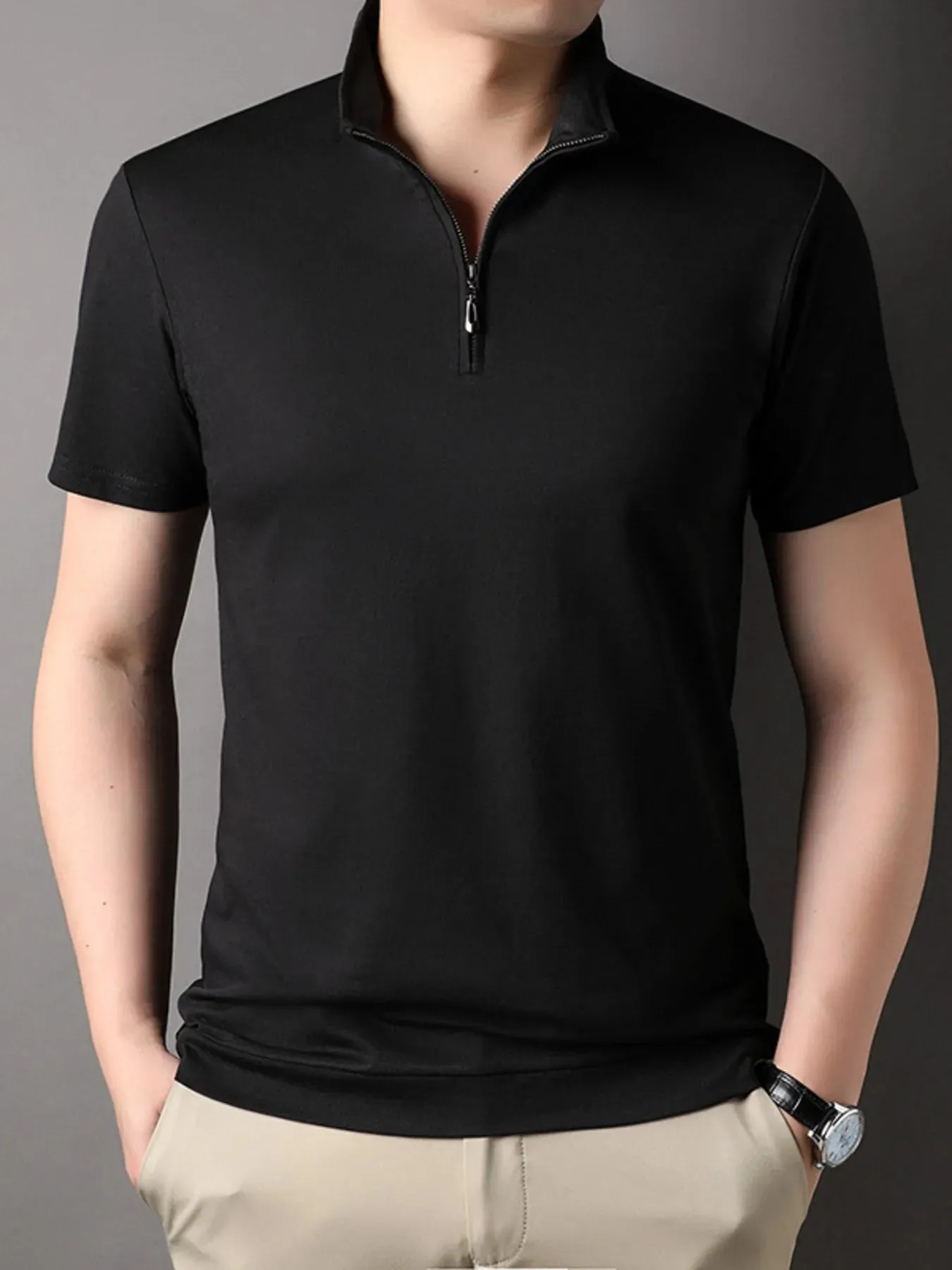 Men's Plus Size Zip Collar Short Sleeve Polo Shirt sold by Gigi Laurent product image thumbnail 4