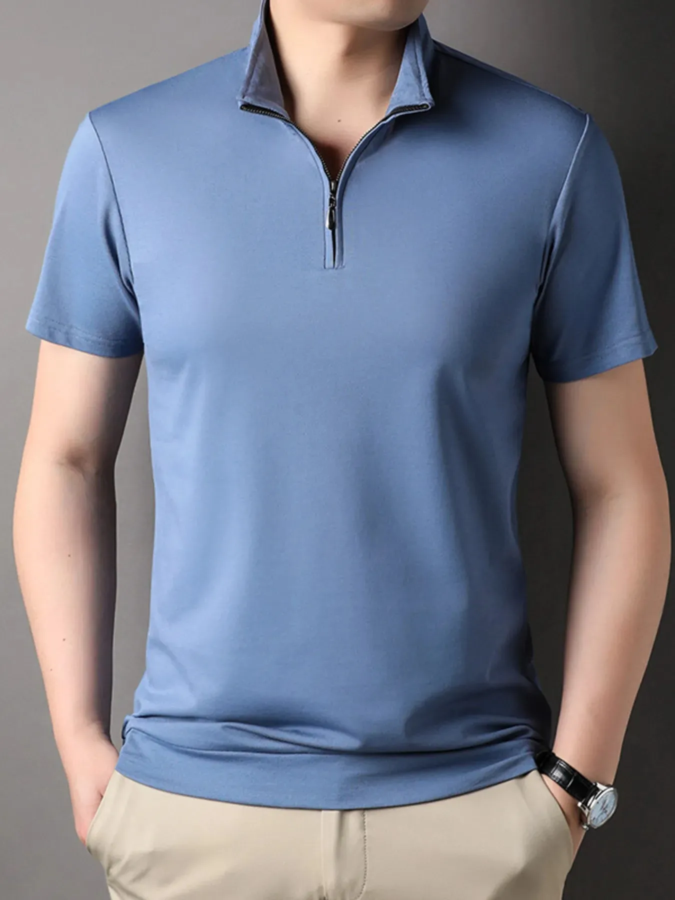 Men's Plus Size Zip Collar Short Sleeve Polo Shirt sold by Gigi Laurent product image thumbnail 2