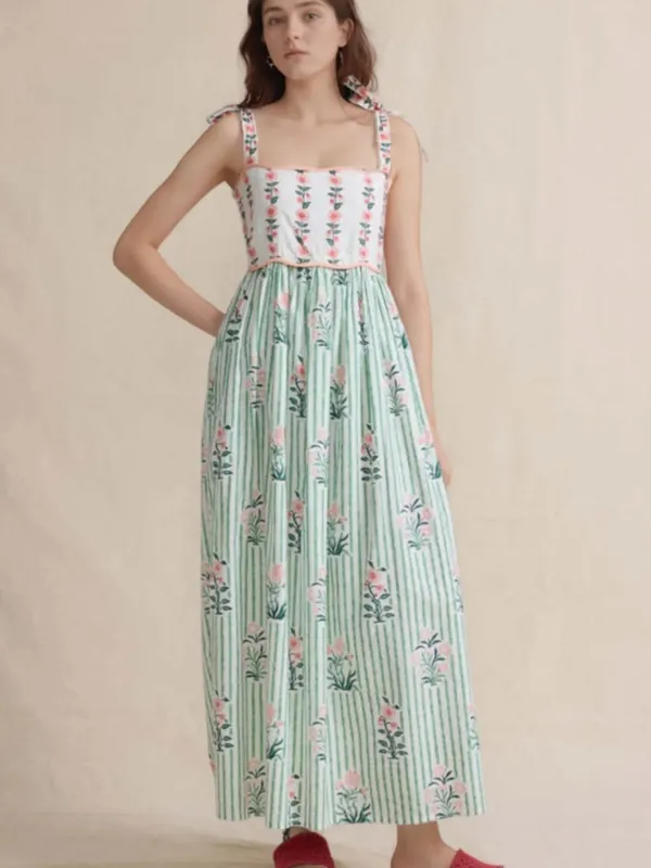 Floral Striped Maxi Cami Dress with Tie Straps sold by Gigi Laurent