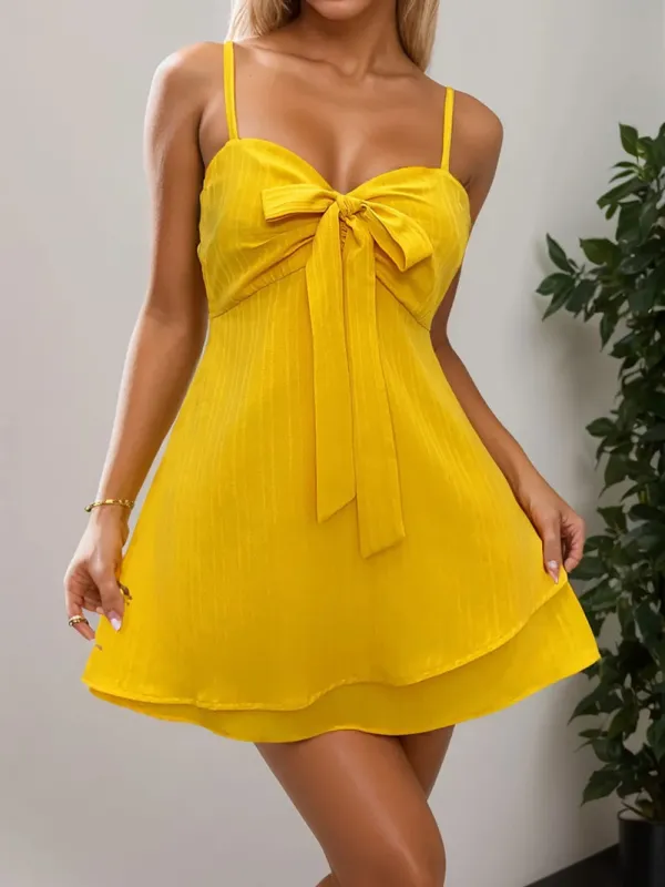 Layered Sweetheart Neck Bow Front Mini Cami Dress sold by Gigi Laurent
