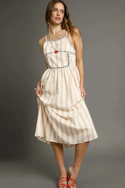 Umgee Striped Colorful Embroidered Trim Cami Dress sold by Gigi Laurent