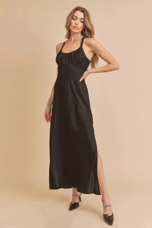Aemi + Co Ruched Side Slit Cutout Back Maxi Cami Dress sold by Gigi Laurent
