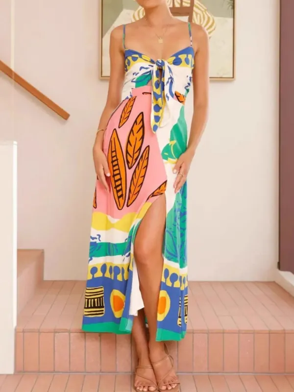 Tied Front Printed Slit Maxi Cami Dress sold by Gigi Laurent