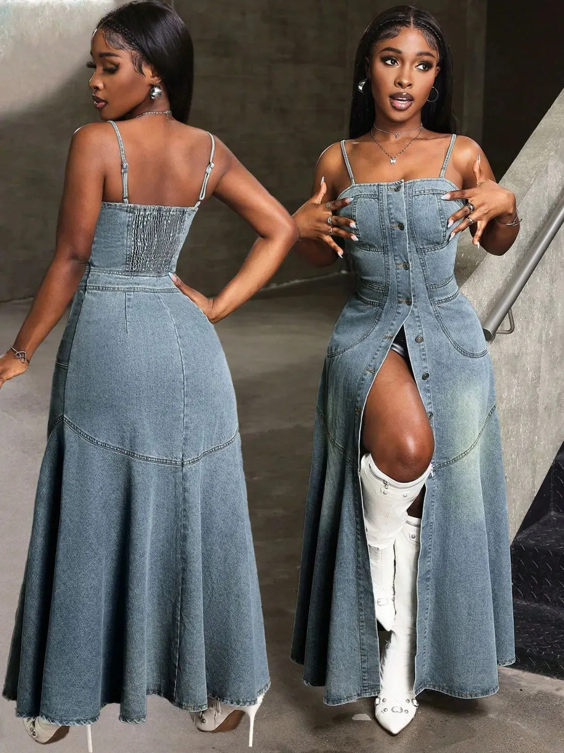 Smocked Button Front Denim Cami Dress sold by Gigi Laurent product image thumbnail 5