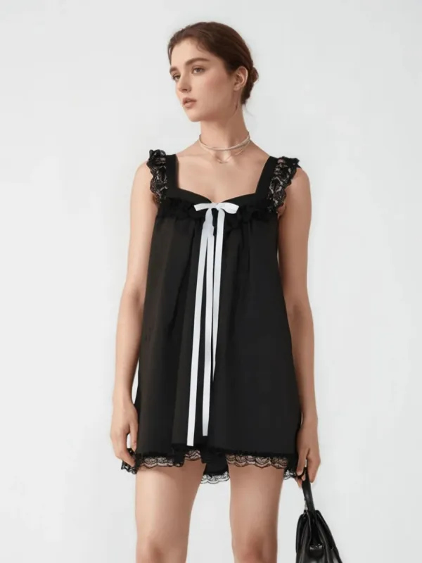 Lace Detail Bow Sleeveless Mini Cami Dress sold by Gigi Laurent