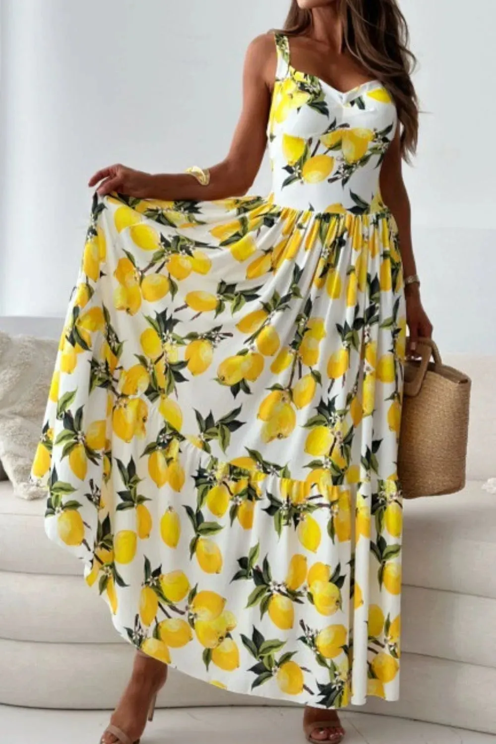 Lemon Print Sweetheart Neck Maxi Dress sold by Gigi Laurent