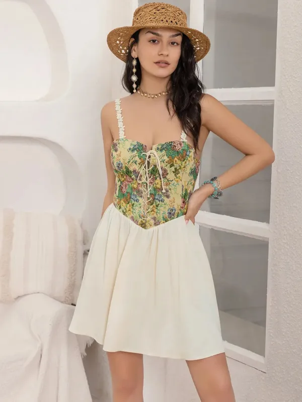 Floral Lace Up Corset Mini Cami Dress sold by Gigi Laurent