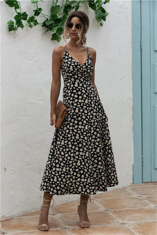 Daisy Print Surplice Midi Cami Dress sold by Gigi Laurent