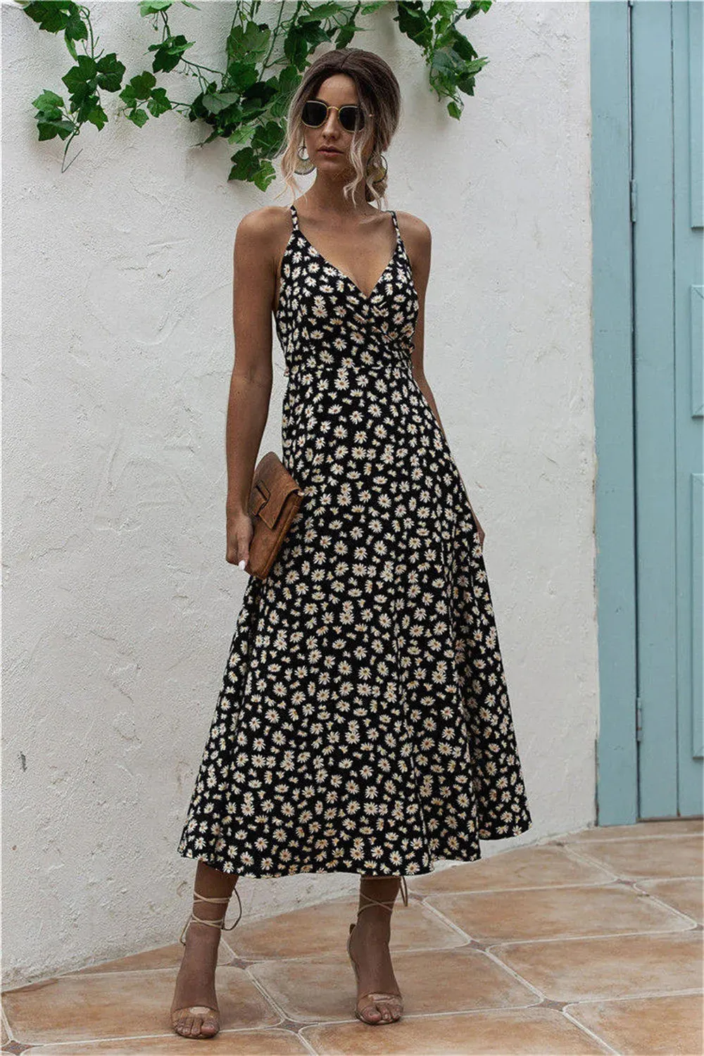 Daisy Print Surplice Midi Cami Dress sold by Gigi Laurent