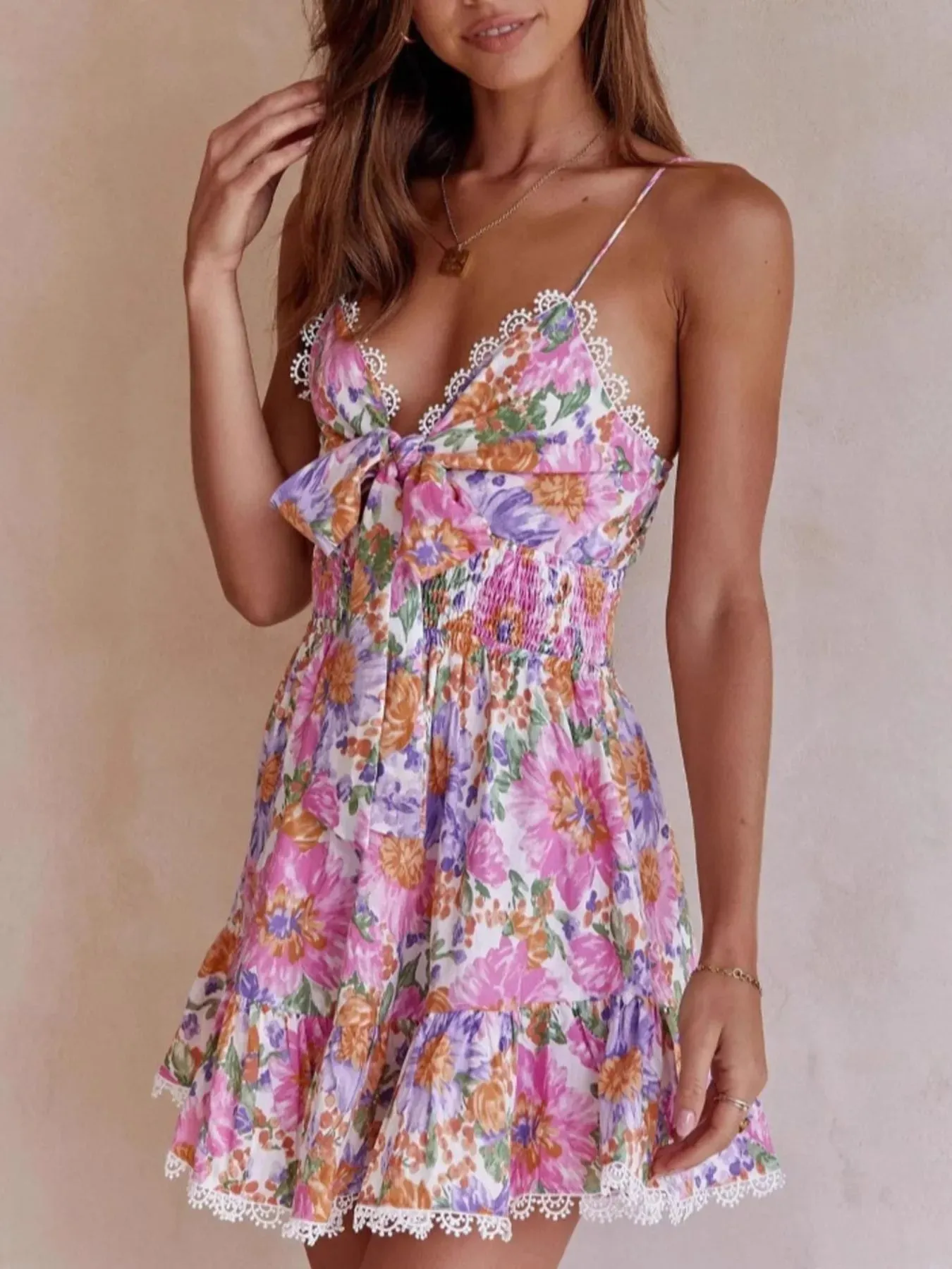 Floral Print Tie-Front Cami Dress with Lace Trim sold by Gigi Laurent product image thumbnail 4