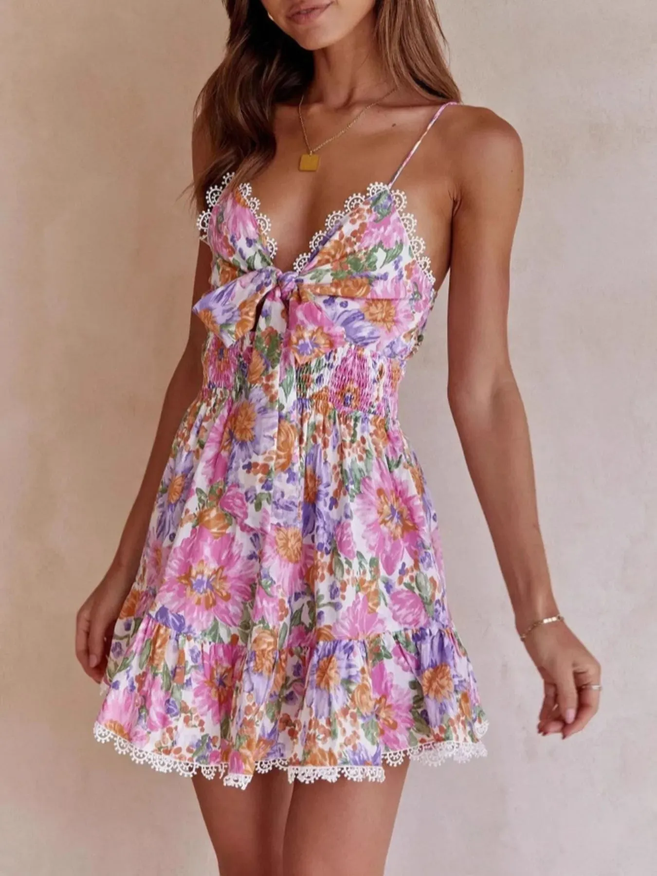Floral Print Tie-Front Cami Dress with Lace Trim sold by Gigi Laurent product image thumbnail 3