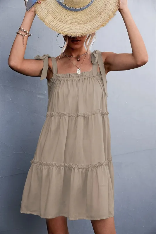 Frill Tiered Tie Shoulder Mini Cami Dress sold by Gigi Laurent