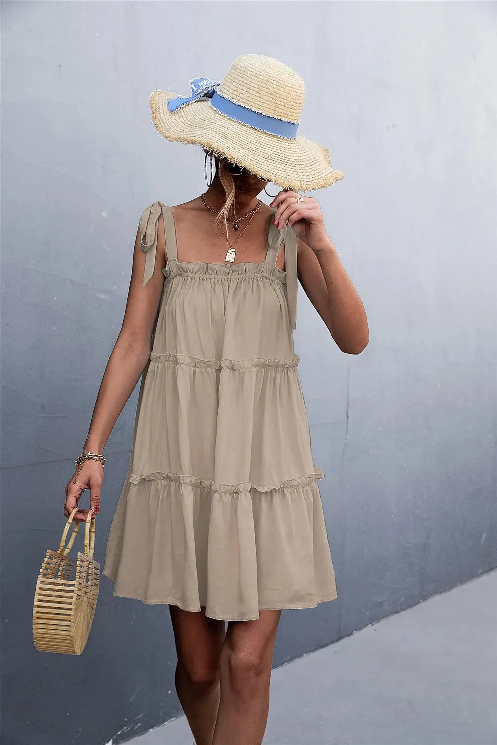 Frill Tiered Tie Shoulder Mini Cami Dress sold by Gigi Laurent product image thumbnail 3