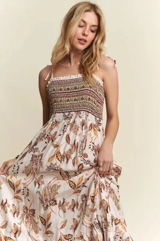 ADORA Smocked Printed Square Neck Tie Shoulder Cami Dress sold by Gigi Laurent