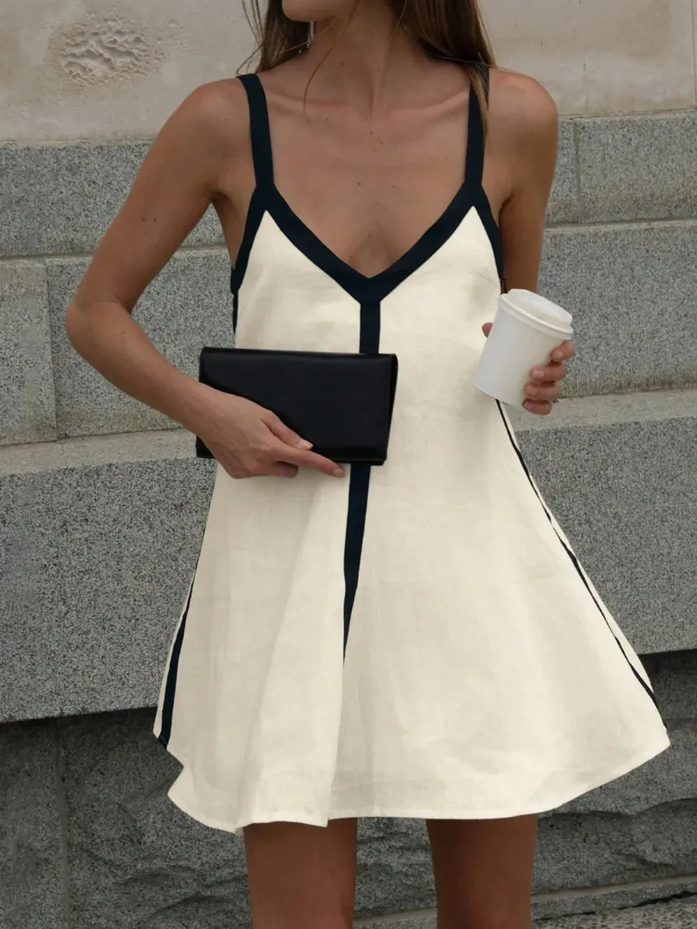 Contrast Trim V-Neck Mini Cami Dress sold by Gigi Laurent product image thumbnail 5