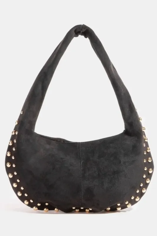 Fame Metallic Studded Faux Suede Hand Bag sold by Gigi Laurent