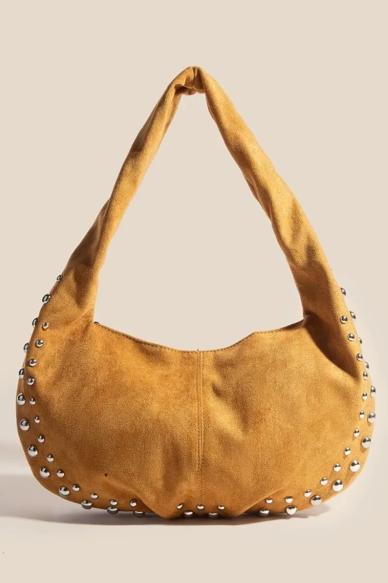 Fame Metallic Studded Faux Suede Hand Bag sold by Gigi Laurent