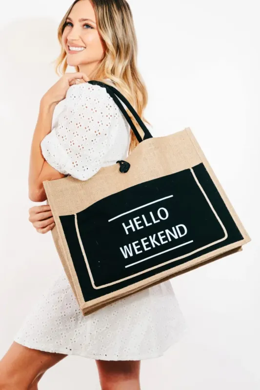 Fame Hello Weekend Burlap Tote Bag sold by Gigi Laurent