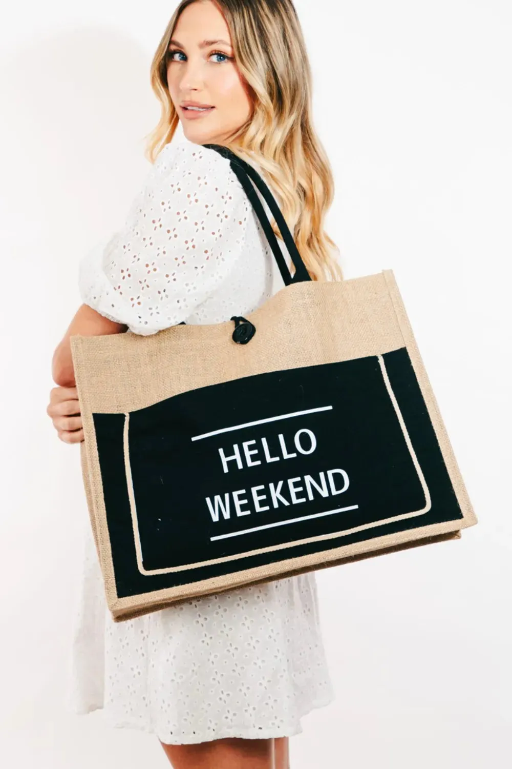 Fame Hello Weekend Burlap Tote Bag sold by Gigi Laurent product image thumbnail 2