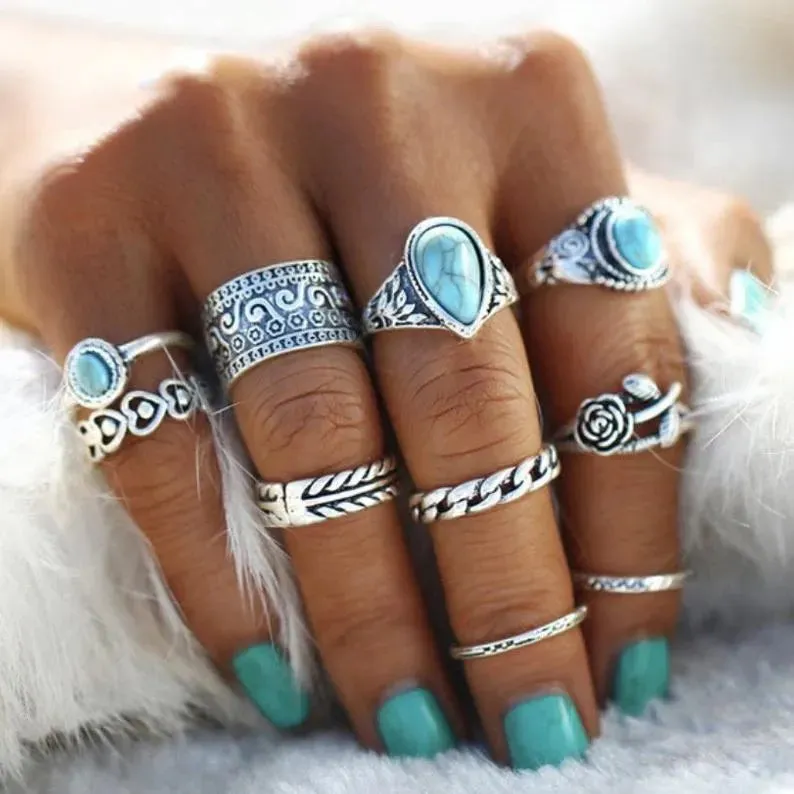Artificial Turquoise Alloy Ring 10-Piece Set sold by Gigi Laurent