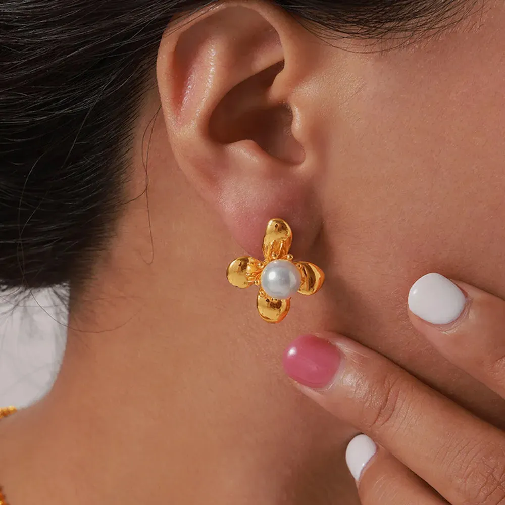Synthetic Pearl Titanium Steel Flower Earrings sold by Gigi Laurent product image thumbnail 2