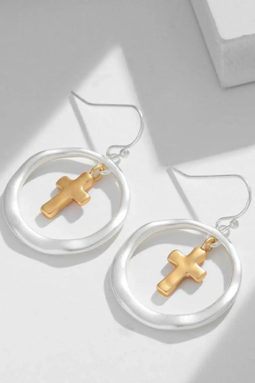 Brass Contrast Cross Dangle Earrings sold by Gigi Laurent product image thumbnail 3