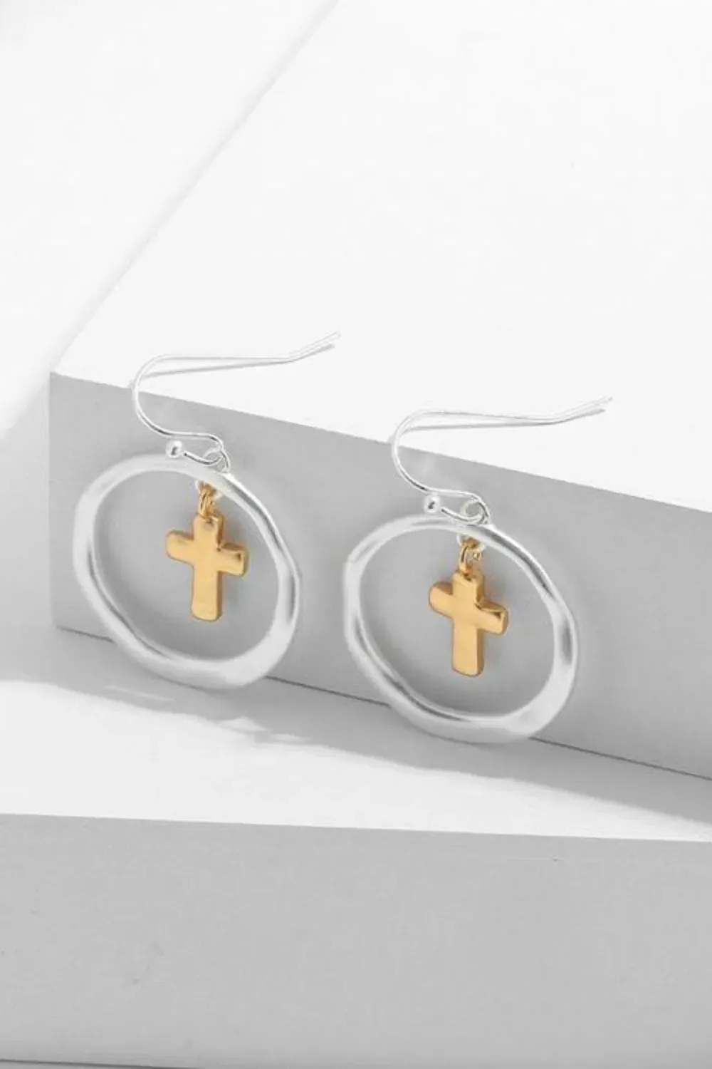 Brass Contrast Cross Dangle Earrings sold by Gigi Laurent product image thumbnail 4