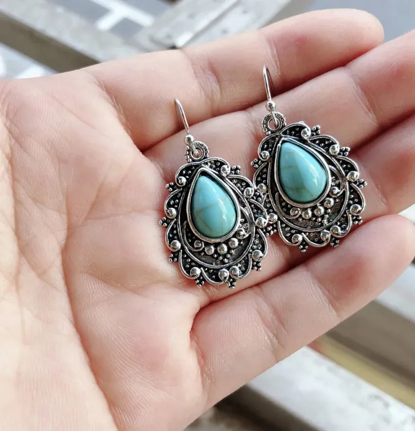 Artificial Turquoise Alloy Teardrop Dangle Earrings sold by Gigi Laurent product image thumbnail 3