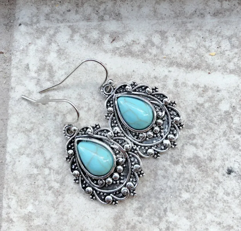 Artificial Turquoise Alloy Teardrop Dangle Earrings sold by Gigi Laurent product image thumbnail 4